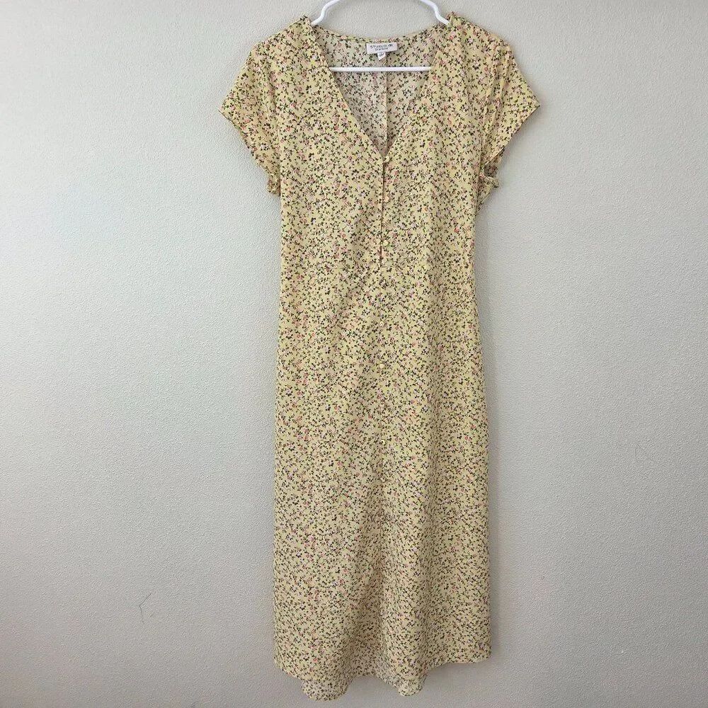 Studio B Bobeau Ditzy Floral Midi Dress Size S Yellow Spring Easter Belt Buttons